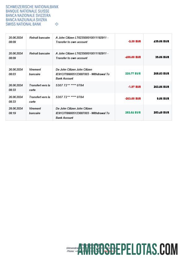 Extrato de conta SNB do Swiss National Bank da Suíça, modelo de 3 páginas 2